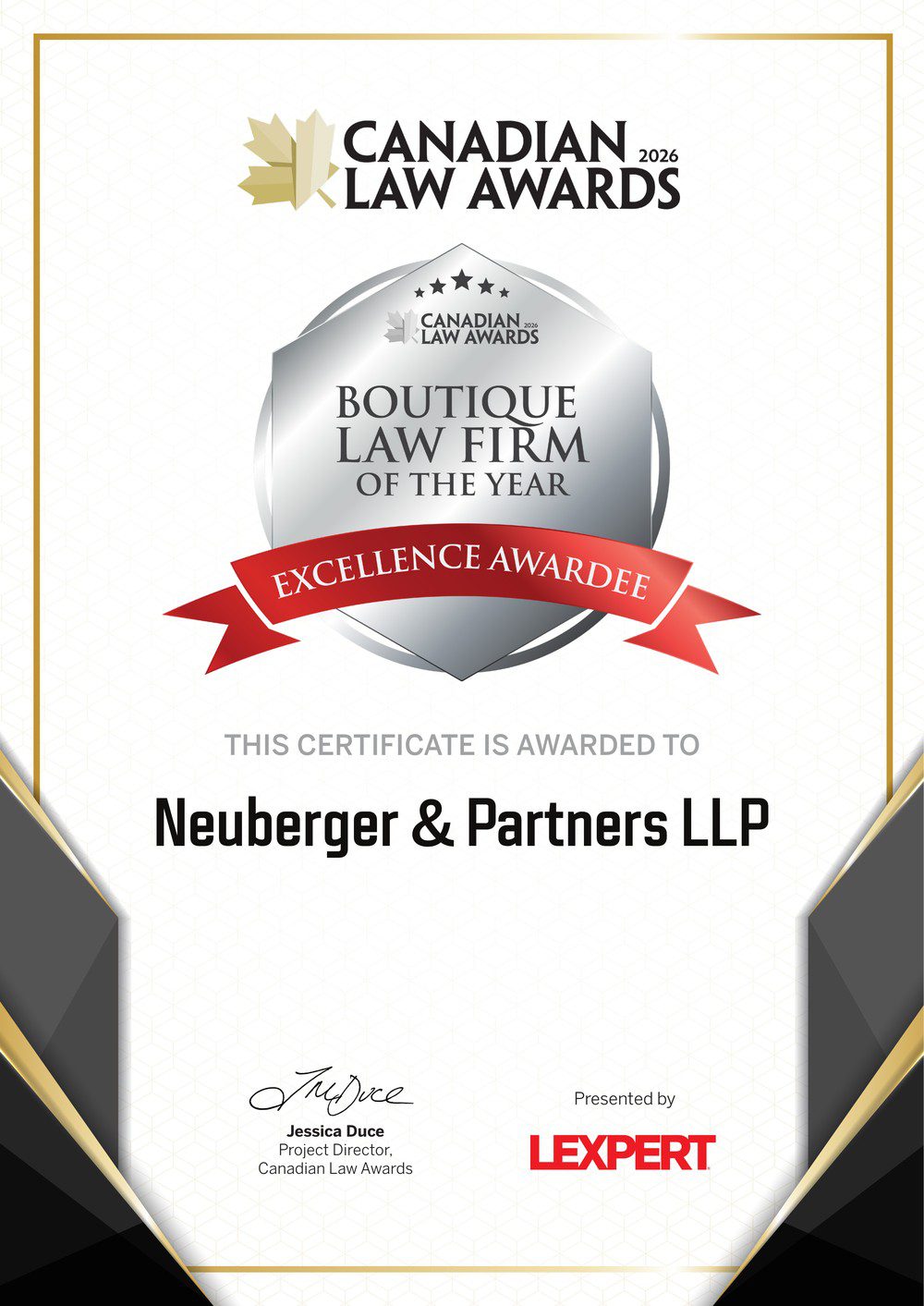 Neuberger and Partners LLP Canadian Law Awards 2026 Certificate - Boutique Law Firm of the Year Excellence Awardee